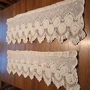 Pair Of Cream Color Cotton Crocheted Lace 54" L. x 18" H. Valances.